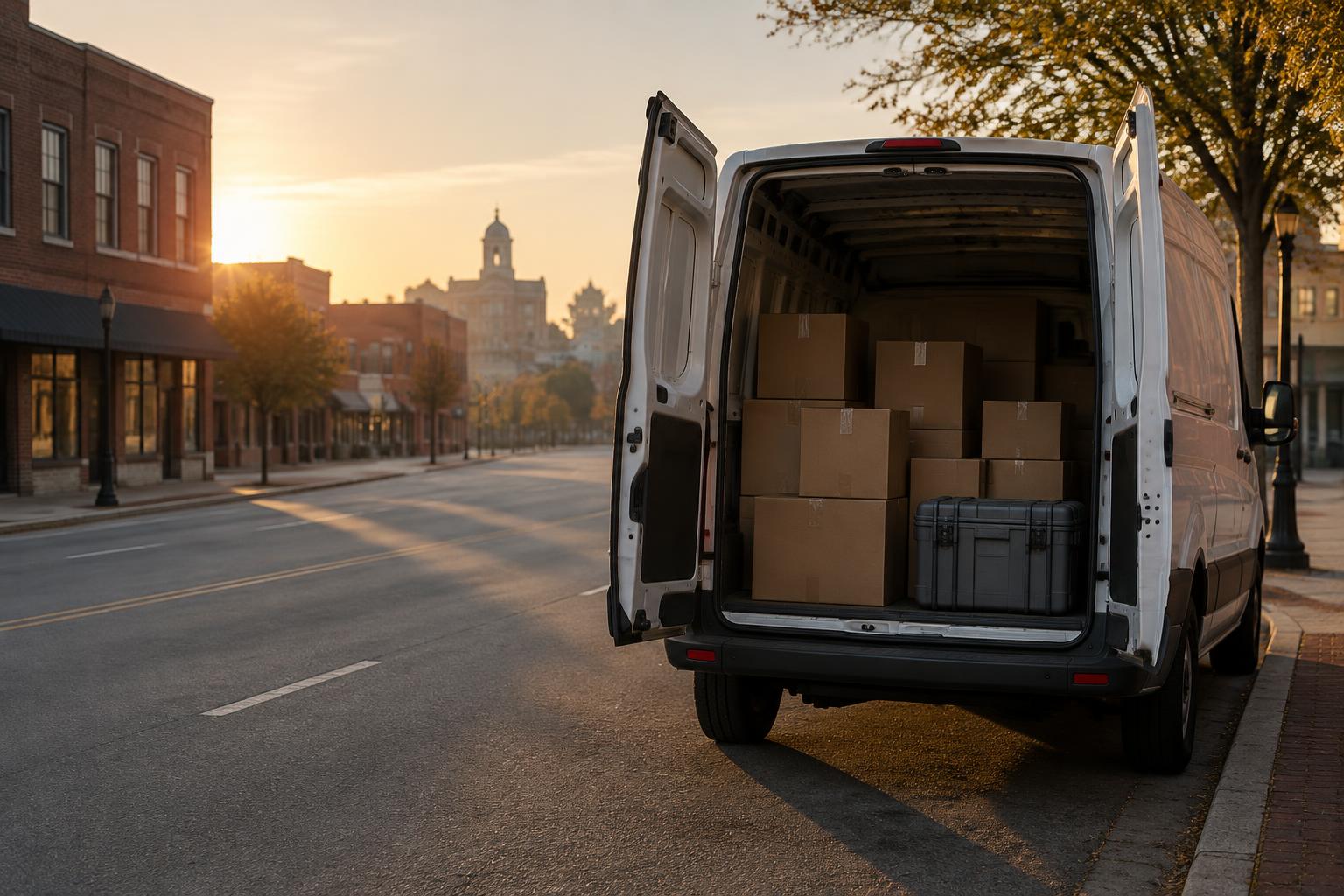 A white cargo van with its rear doors open, loaded with boxes, parked at a curb in the early morning