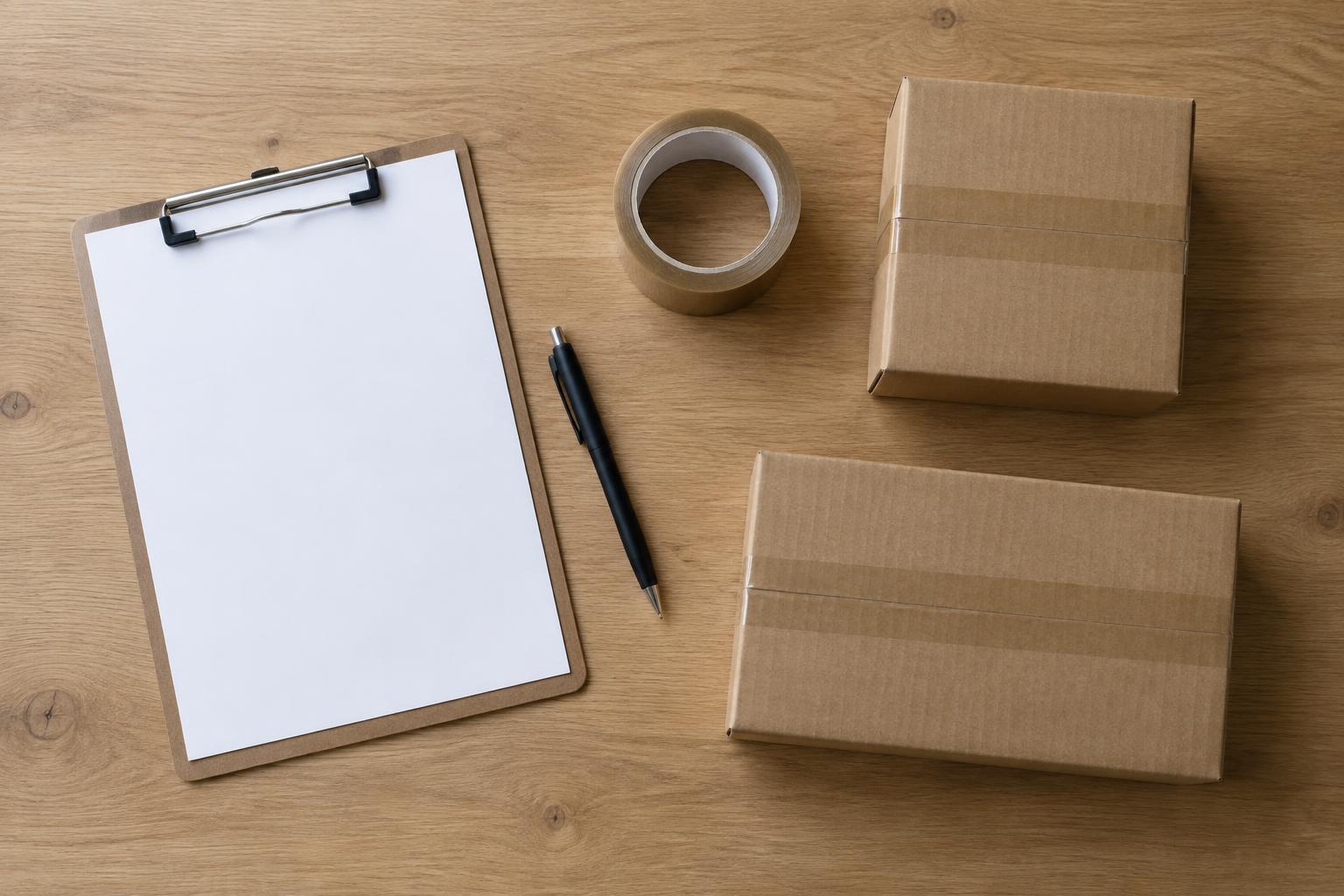 A clipboard with a blank form, a pen, packing tape and two sealed parcels laid out on a wooden surface